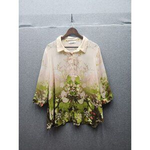 Rose+Olive Womens Floral Button-Up Blouse 3/4 Sleeves Beige & Green Polyester To